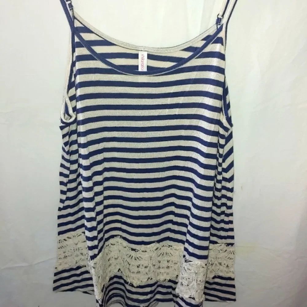Xhiliration Juniors Size XL Blue/White Stripe W/ Lace Baby Doll Top.